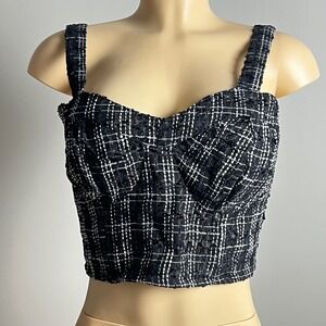 Tweed Bustier Crop Top Womens Small S Black Plaid Metallic Smocked Back Festival